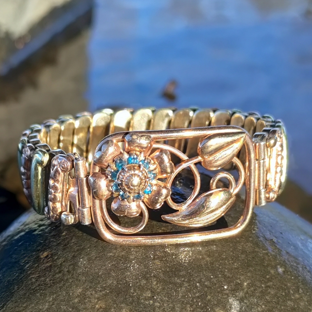 Vintage LUSTERN Sapphire Floral Gold & Rose Gold 12KGF over Sterling Silver Expa